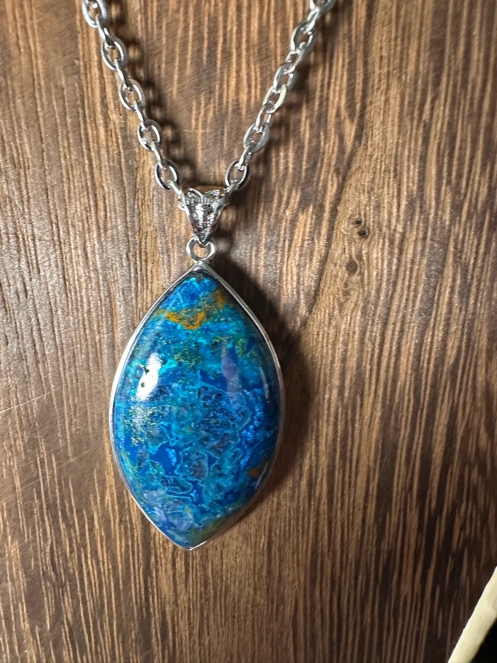 Eye Shaped Azurite and Copper Pendant Necklace on Chain